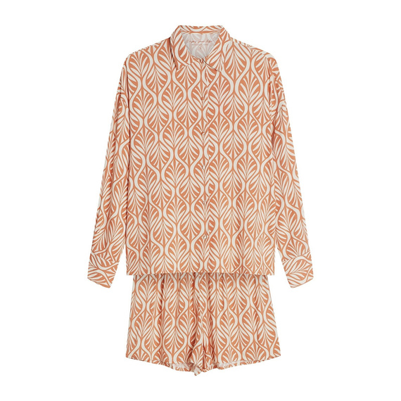 Dámske pyžamo Henderson 43664 Denise peach- Viskóza, dlhý rukáv, golier, krátke šortky