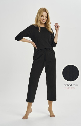 3445 Melania Pyžamo 7/8 čierne - dámske bavlnené pyžamo so šnúrkou v páse a voľnými nohavicami