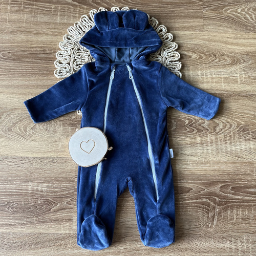 Mamatti VELVET KB009 Detský dvojvrstvový bavlnený overal s kapucňou a uškami Jeans