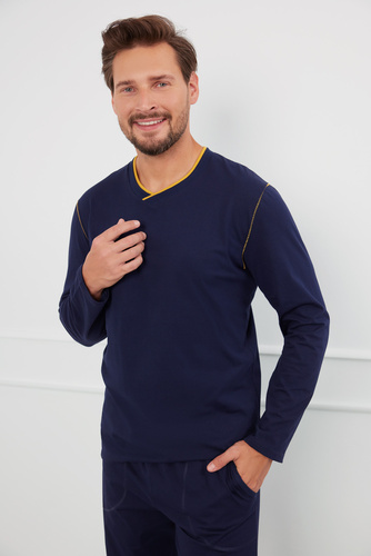 Ludwik Pánske pyžamo s dlhým rukávom, dlhé nohavice Talianska móda - tmavomodrá