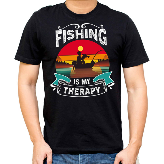 SKU M31 Tričko Moocha Fishing Therapy bavlnené pre rybára s potlačou čierne