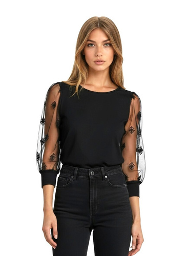 Elegantná dámska blúzka Teria 3/4 Eldar čierna - viskóza, buffové rukávy, tylová výšivka, okrúhly výstrih, pásik