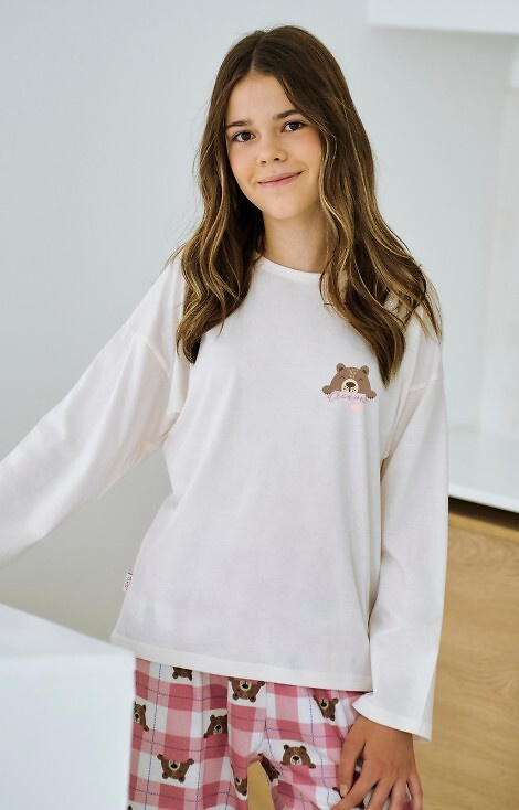 3503 Astrid Taro dievčenské pyžamo béžové - bavlna, potlač, károvaná nohavica